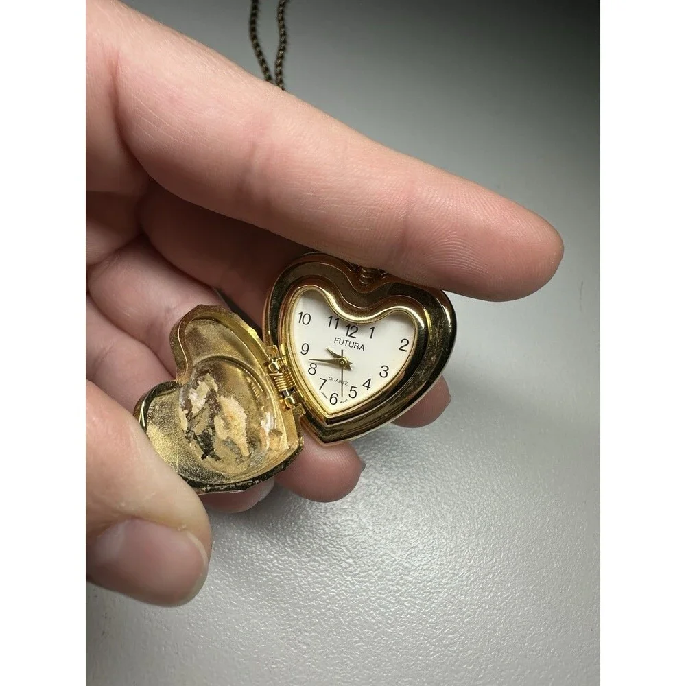 Futura Women's Small Pocket Watch / Necklace Watch Gold Tone Quartz Heart Shape